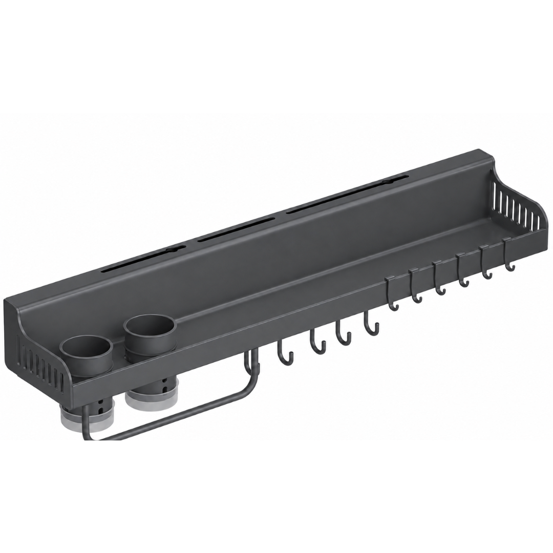 Carbon Steel Wall-Mounted Kitchen Organizer Rack 60cm — High-Strength Shelf with 8 Sliding Hooks, Double Utensil Holder & Towel Bar | Modular Kitchen Wall Storage