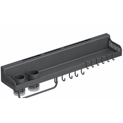 Carbon Steel Wall-Mounted Kitchen Organizer Rack 60cm — High-Strength Shelf with 8 Sliding Hooks, Double Utensil Holder & Towel Bar | Modular Kitchen Wall Storage