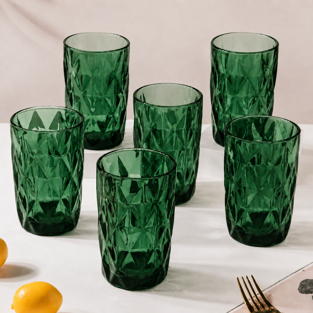 Diamond Cut Embossed Glass Tumbler Set of 6 — 350ml | Crystal Textured Drinking Glasses | Premium Glassware for Water, Juice & Cold Drink