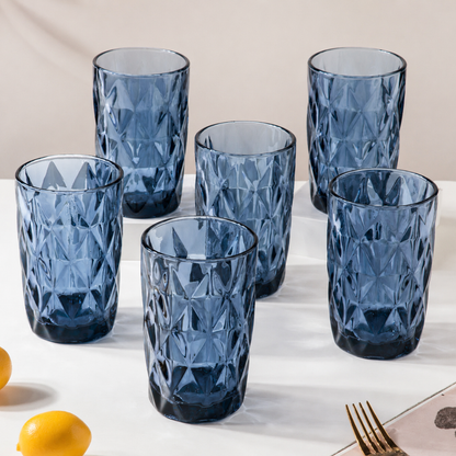 Diamond Cut Embossed Glass Tumbler Set of 6 — 350ml | Crystal Textured Drinking Glasses | Premium Glassware for Water, Juice & Cold Drink