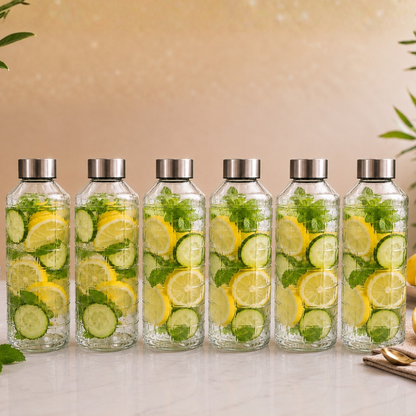 Grid Glass Water Bottle Pack of 2 — 1 Litre Each | BPA-Free, Lead-Free | Airtight Leak-Proof Stainless Steel Cap | Crack-Resistant Embossed Glass | Infused Water & Fridge Bottle