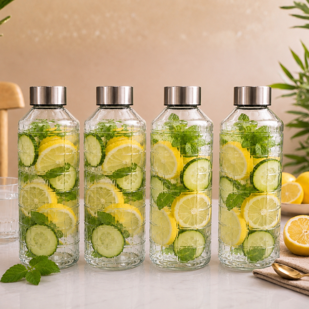 Grid Glass Water Bottle Pack of 2 — 1 Litre Each | BPA-Free, Lead-Free | Airtight Leak-Proof Stainless Steel Cap | Crack-Resistant Embossed Glass | Infused Water & Fridge Bottle