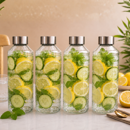 Grid Glass Water Bottle Pack of 2 — 1 Litre Each | BPA-Free, Lead-Free | Airtight Leak-Proof Stainless Steel Cap | Crack-Resistant Embossed Glass | Infused Water & Fridge Bottle