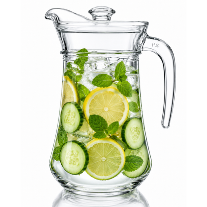 Glass Water Jug with Lid — 1.4 Litre | Crystal-Clear Pitcher with Pour Spout & Easy-Grip Handle | Dining Table Carafe for Water, Juice & Infused Drinks
