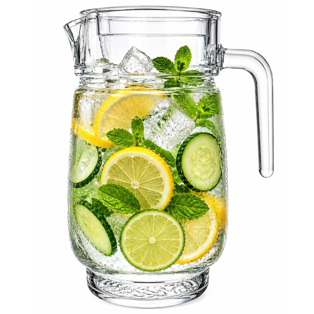 Glass Water Jug with Lid — 1.4 Litre | Crystal-Clear Pitcher with Pour Spout & Easy-Grip Handle | Dining Table Carafe for Water, Juice & Infused Drinks