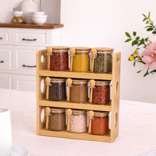 Glass Spice Jars with Bamboo Rack Set of 9 – 440ml Airtight Kitchen Storage Containers with Wooden Lids & Spoons | 3-Tier Countertop Organizer | BPA-Free, Lead-Free, Food Safe