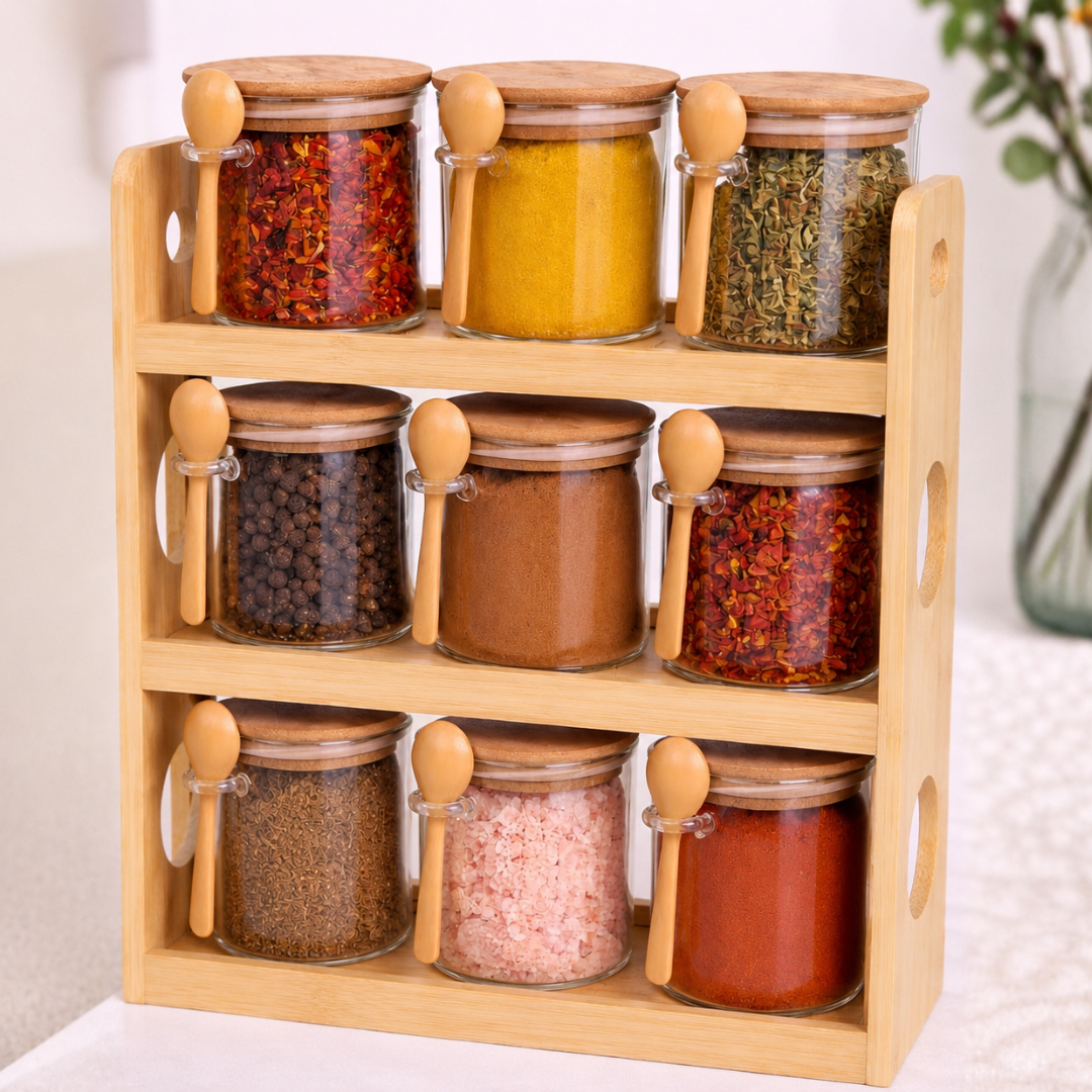 Glass Spice Jars with Bamboo Rack Set of 9 – 440ml Airtight Kitchen Storage Containers with Wooden Lids & Spoons | 3-Tier Countertop Organizer | BPA-Free, Lead-Free, Food Safe