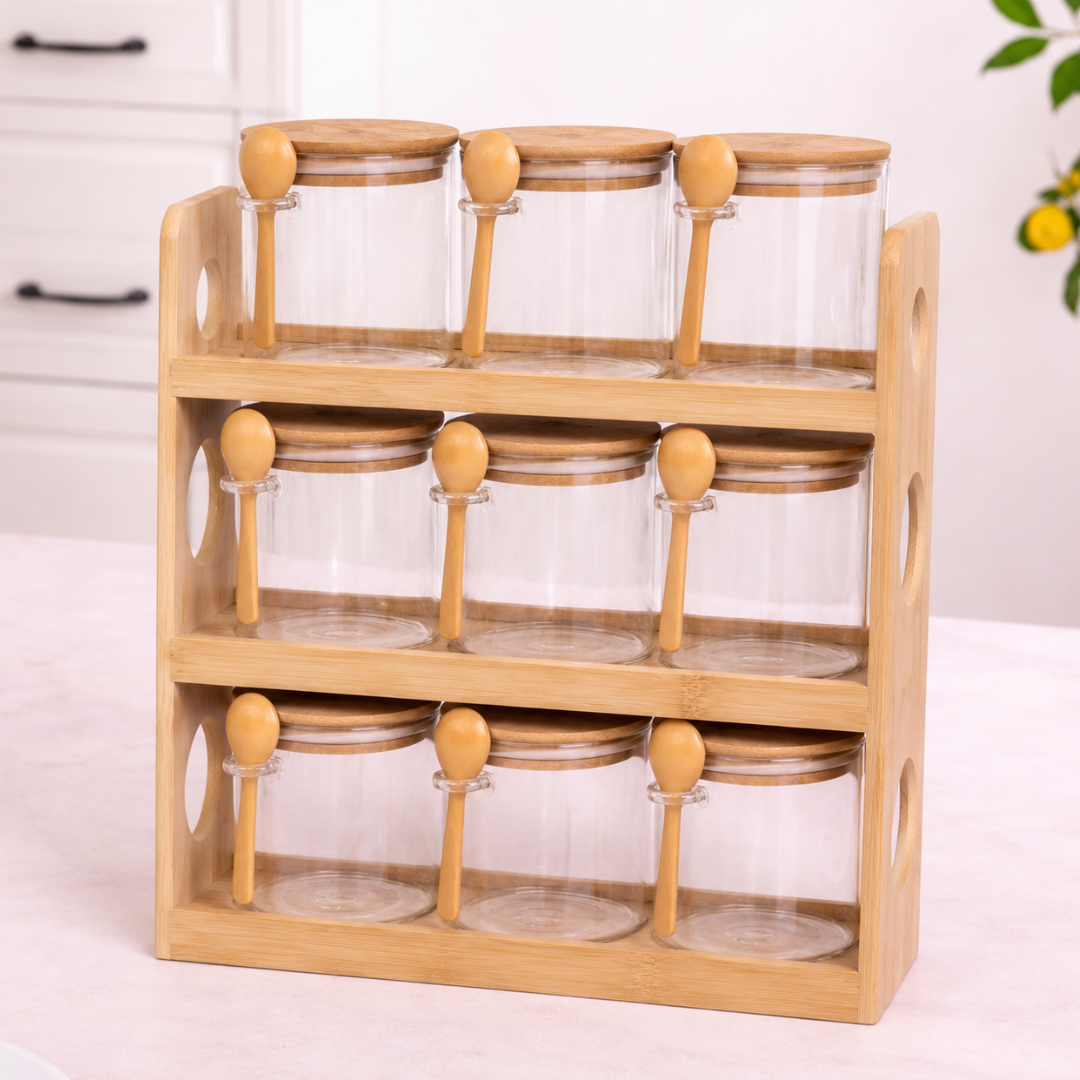 Glass Spice Jars with Bamboo Rack Set of 9 – 440ml Airtight Kitchen Storage Containers with Wooden Lids & Spoons | 3-Tier Countertop Organizer | BPA-Free, Lead-Free, Food Safe