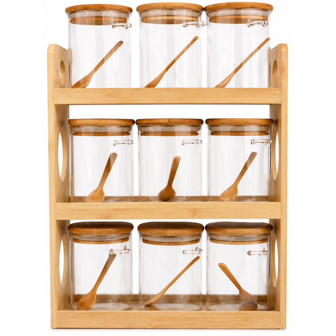 Glass Spice Jars with Bamboo Rack Set of 9 – 440ml Airtight Kitchen Storage Containers with Wooden Lids & Spoons | 3-Tier Countertop Organizer | BPA-Free, Lead-Free, Food Safe
