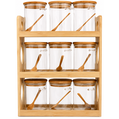 Glass Spice Jars with Bamboo Rack Set of 9 – 440ml Airtight Kitchen Storage Containers with Wooden Lids & Spoons | 3-Tier Countertop Organizer | BPA-Free, Lead-Free, Food Safe