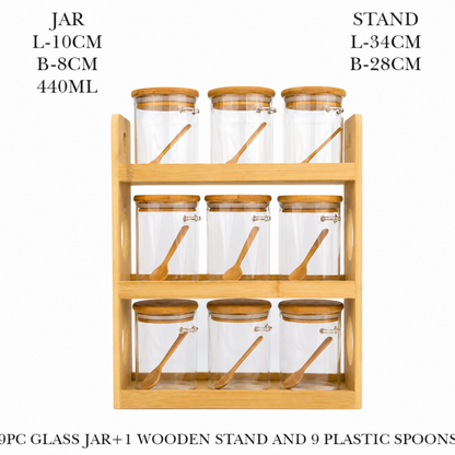 Glass Spice Jars with Bamboo Rack Set of 9 – 440ml Airtight Kitchen Storage Containers with Wooden Lids & Spoons | 3-Tier Countertop Organizer | BPA-Free, Lead-Free, Food Safe