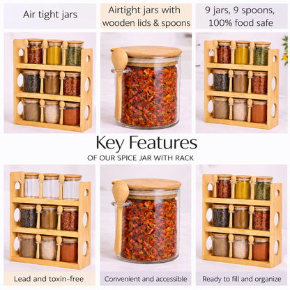 Glass Spice Jars with Bamboo Rack Set of 9 – 440ml Airtight Kitchen Storage Containers with Wooden Lids & Spoons | 3-Tier Countertop Organizer | BPA-Free, Lead-Free, Food Safe
