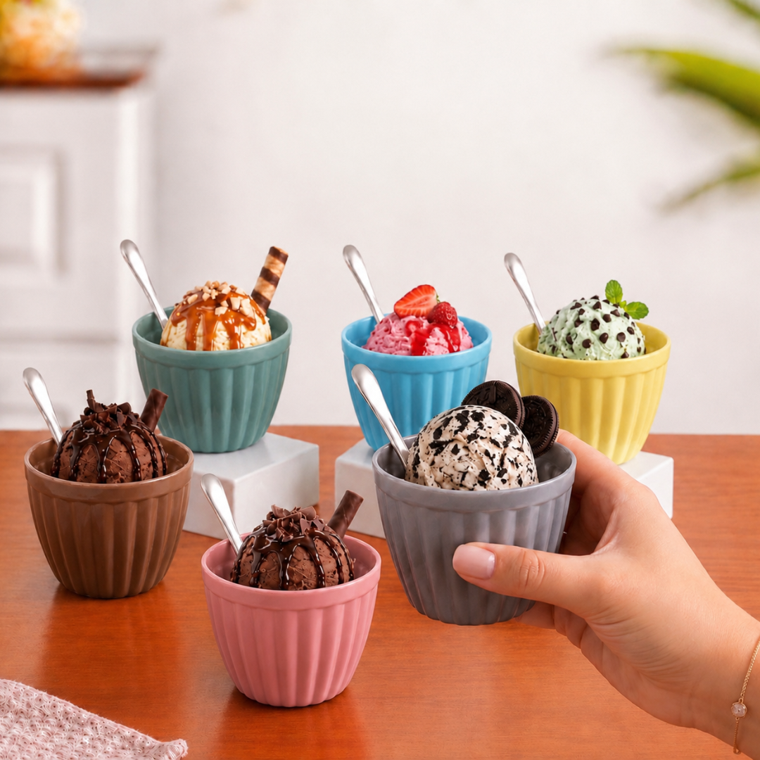 Colourful Ice Cream Bowl & Spoon Set of 6 — 160ml Glazed Glass Dessert Bowls with Stainless Steel Spoons | Pastel Ribbed Design, 100% Food Safe
