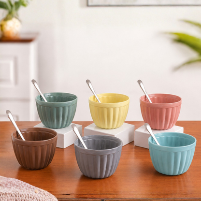 Colourful Ice Cream Bowl & Spoon Set of 6 — 160ml Glazed Glass Dessert Bowls with Stainless Steel Spoons | Pastel Ribbed Design, 100% Food Safe