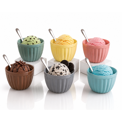 Colourful Ice Cream Bowl & Spoon Set of 6 — 160ml Glazed Glass Dessert Bowls with Stainless Steel Spoons | Pastel Ribbed Design, 100% Food Safe