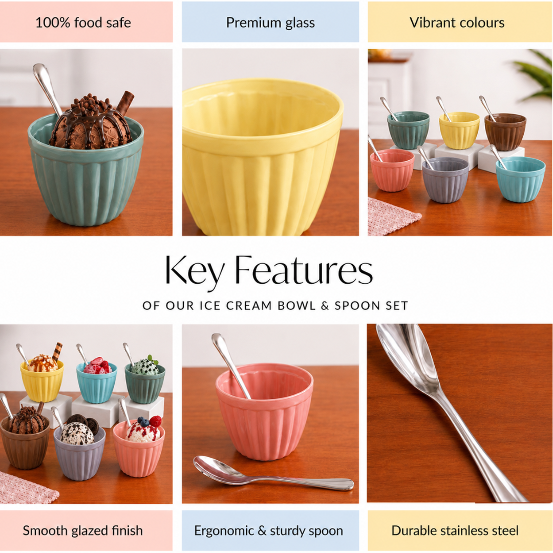 Colourful Ice Cream Bowl & Spoon Set of 6 — 160ml Glazed Glass Dessert Bowls with Stainless Steel Spoons | Pastel Ribbed Design, 100% Food Safe