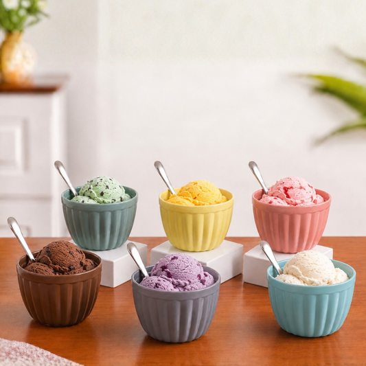 Colourful Ice Cream Bowl & Spoon Set of 6 — 160ml Glazed Glass Dessert Bowls with Stainless Steel Spoons | Pastel Ribbed Design, 100% Food Safe