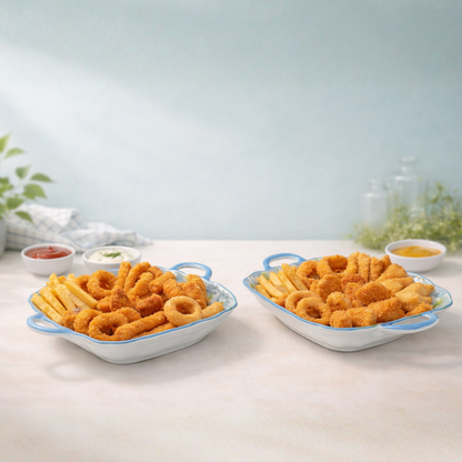 Blue Floral Ceramic Snack & Serving Platter with Handles Set of 2