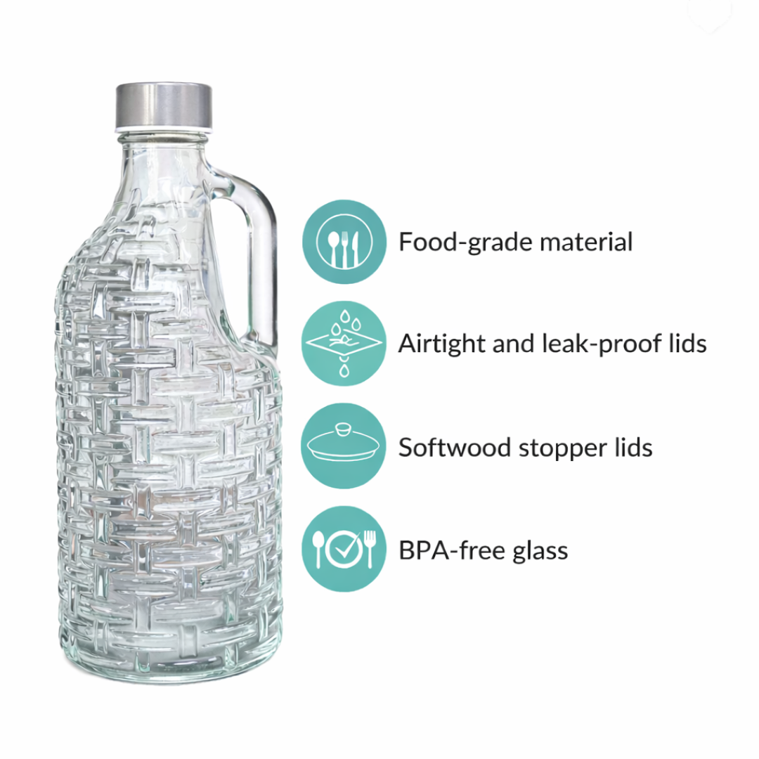 Clear Wicker-Texture Glass Water Bottle 1 Litre | BPA-Free, Lead-Free | Airtight Stainless Steel Cap | Fridge, Dining & Detox Water Bottle for Home, Kitchen & Table
