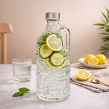 Clear Wicker-Texture Glass Water Bottle 1 Litre | BPA-Free, Lead-Free | Airtight Stainless Steel Cap | Fridge, Dining & Detox Water Bottle for Home, Kitchen & Table