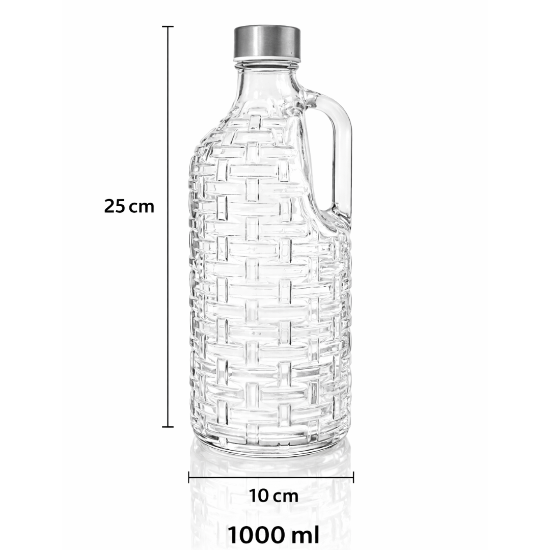 Clear Wicker-Texture Glass Water Bottle 1 Litre | BPA-Free, Lead-Free | Airtight Stainless Steel Cap | Fridge, Dining & Detox Water Bottle for Home, Kitchen & Table