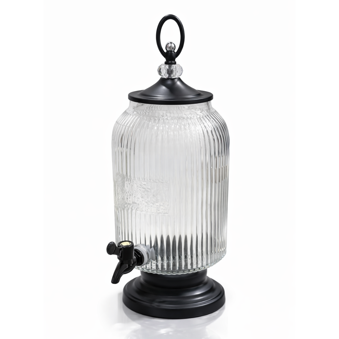 Ribbed Glass Beverage Dispenser with Metal Stand & Tap | 4 Litre