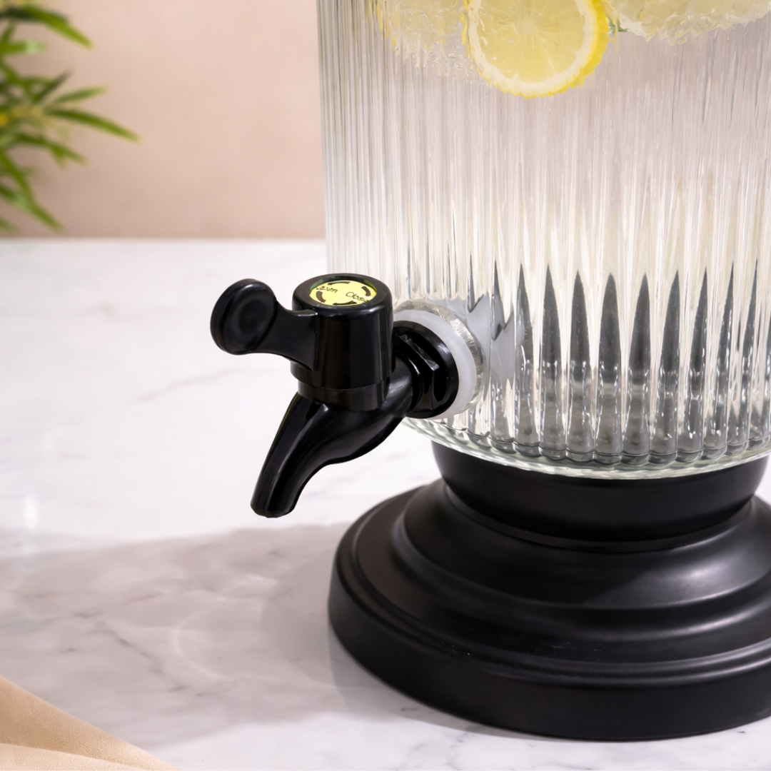 Ribbed Glass Beverage Dispenser with Metal Stand & Tap | 4 Litre