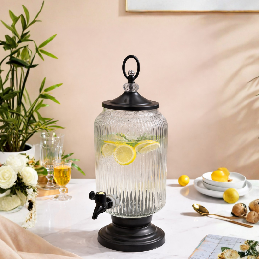 Ribbed Glass Beverage Dispenser with Metal Stand & Tap | 4 Litre
