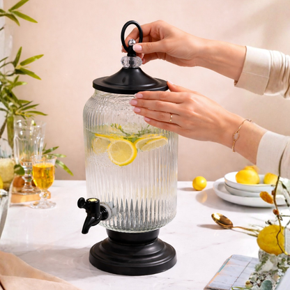 Ribbed Glass Beverage Dispenser with Metal Stand & Tap | 4 Litre