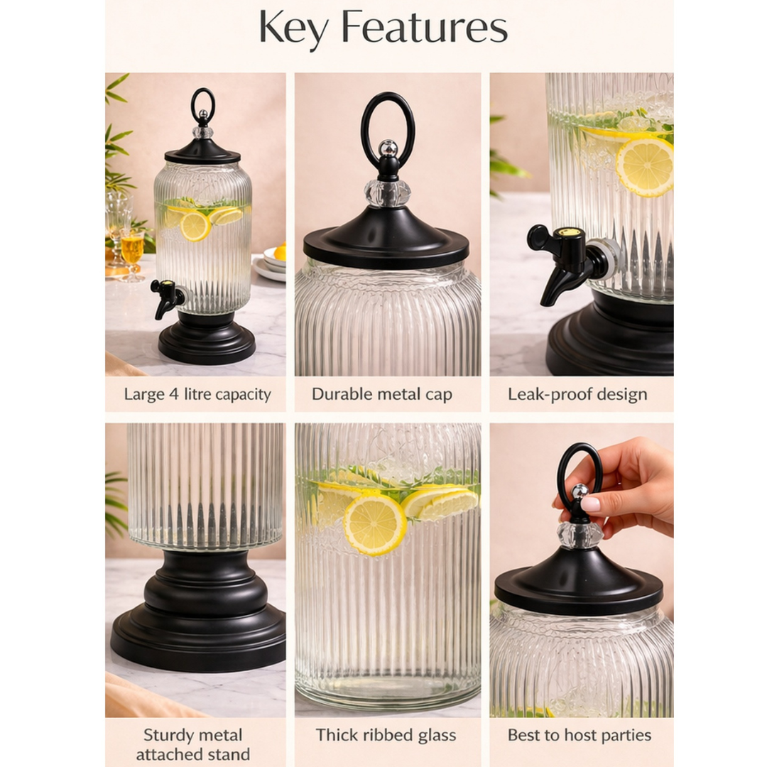 Ribbed Glass Beverage Dispenser with Metal Stand & Tap | 4 Litre