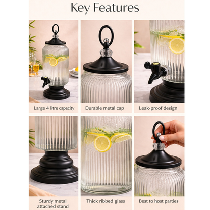 Ribbed Glass Beverage Dispenser with Metal Stand & Tap | 4 Litre