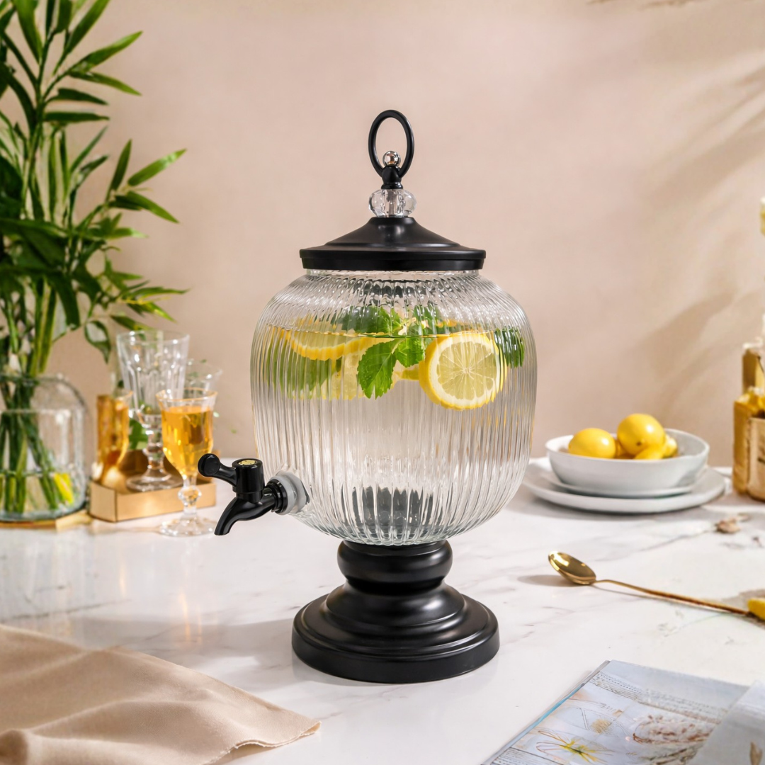 Orb Ribbed Glass Beverage Dispenser with Black Stand | 5 Litre