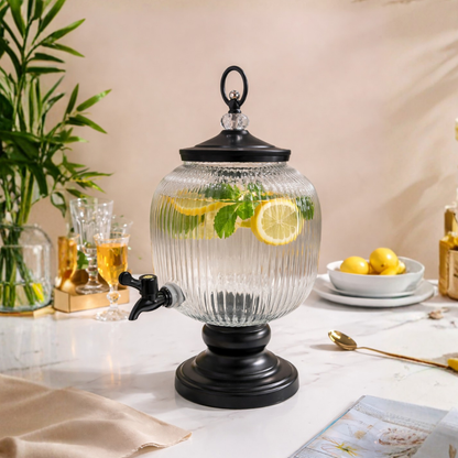 Orb Ribbed Glass Beverage Dispenser with Black Stand | 5 Litre
