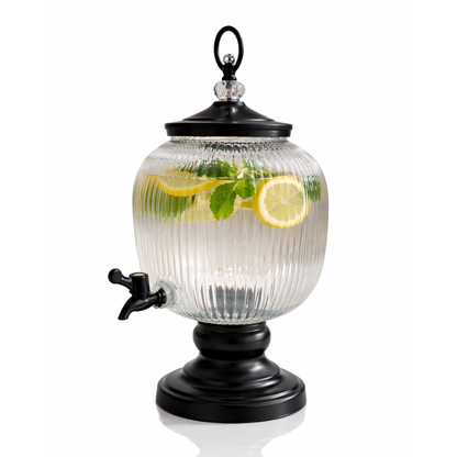 Orb Ribbed Glass Beverage Dispenser with Black Stand | 5 Litre