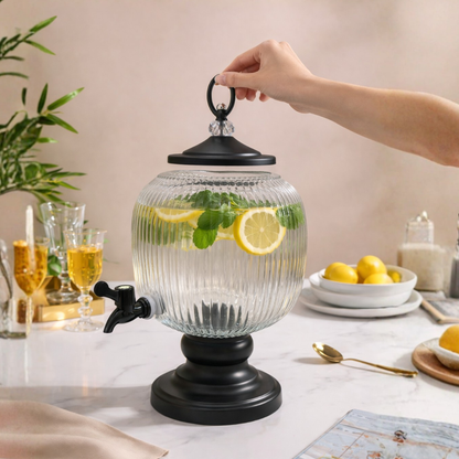 Orb Ribbed Glass Beverage Dispenser with Black Stand | 5 Litre
