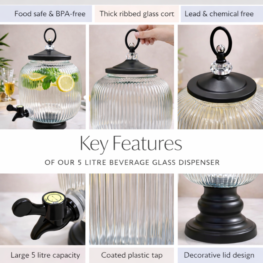 Orb Ribbed Glass Beverage Dispenser with Black Stand | 5 Litre