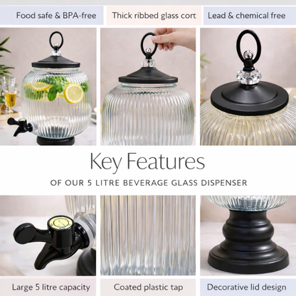 Orb Ribbed Glass Beverage Dispenser with Black Stand | 5 Litre