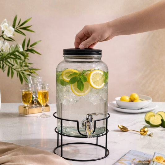 Glass Beverage Dispenser with Black Screw Lid, Wire Stand & Metal Tap — 3.5 Litre