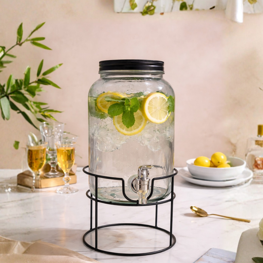 Glass Beverage Dispenser with Black Screw Lid, Wire Stand & Metal Tap — 3.5 Litre