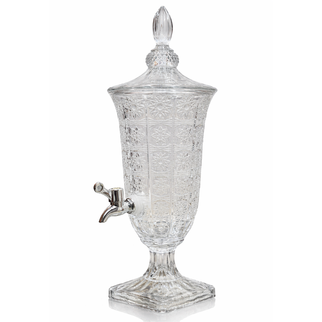 Crystal Cut Glass Beverage Dispenser with Pedestal Stand & Strong Tap | 2 Litre