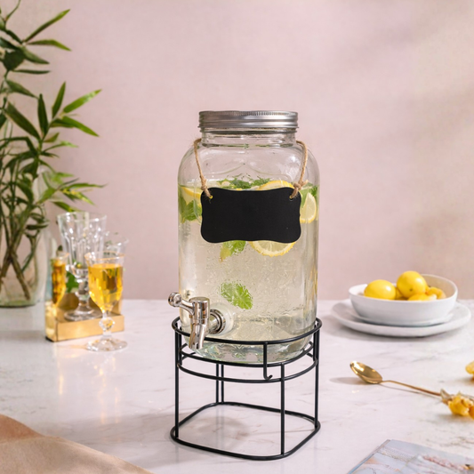 Mason Jar Glass Beverage Dispenser with Wire Stand, Chalkboard Tag & Metal Tap — 5 Litre