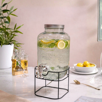 Mason Jar Glass Beverage Dispenser with Wire Stand, Chalkboard Tag & Metal Tap — 5 Litre