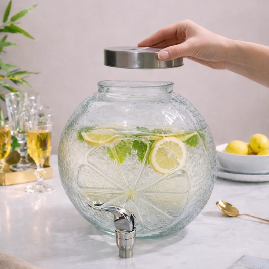 Round Citrus Embossed Glass Beverage Dispenser with Stainless Steel Tap & Lid — 4.5 Litre