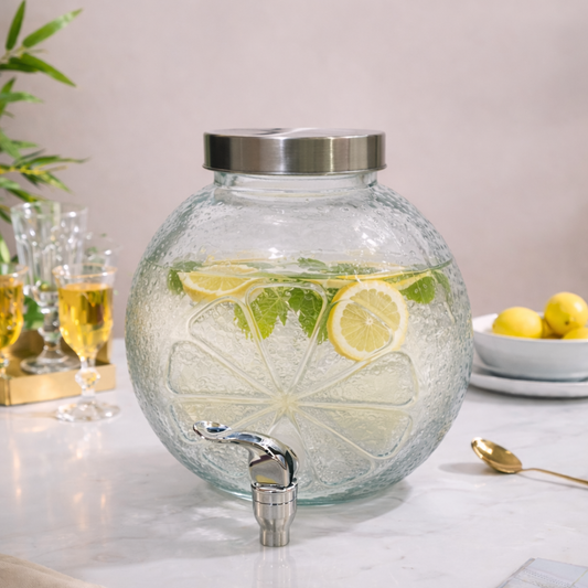 Round Citrus Embossed Glass Beverage Dispenser with Stainless Steel Tap & Lid — 4.5 Litre
