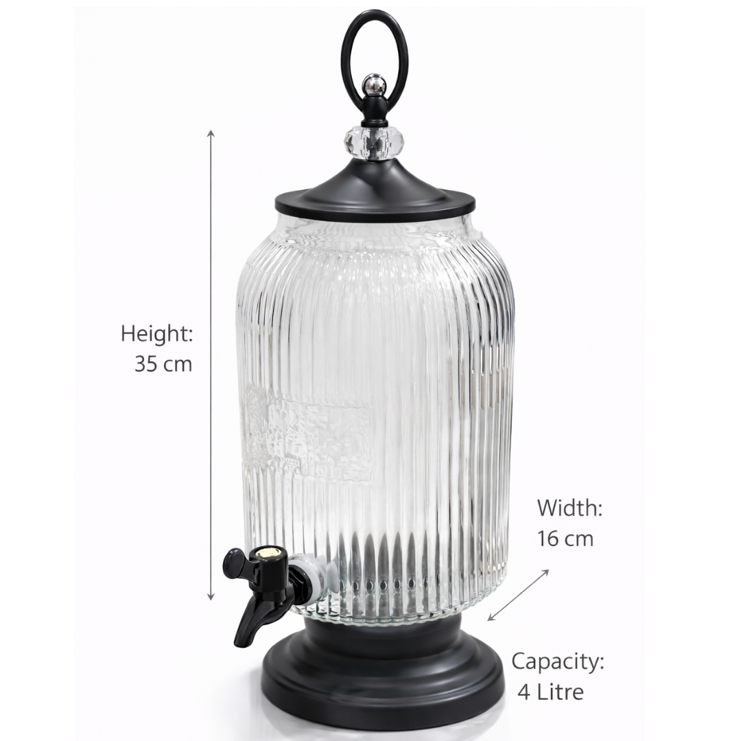 Ribbed Glass Beverage Dispenser with Metal Stand & Tap | 4 Litre