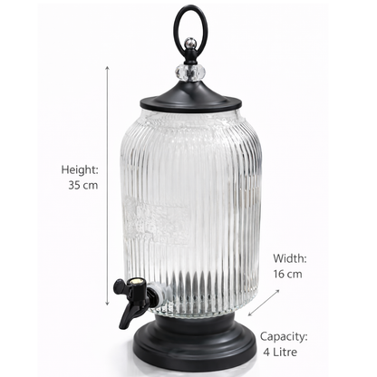Ribbed Glass Beverage Dispenser with Metal Stand & Tap | 4 Litre