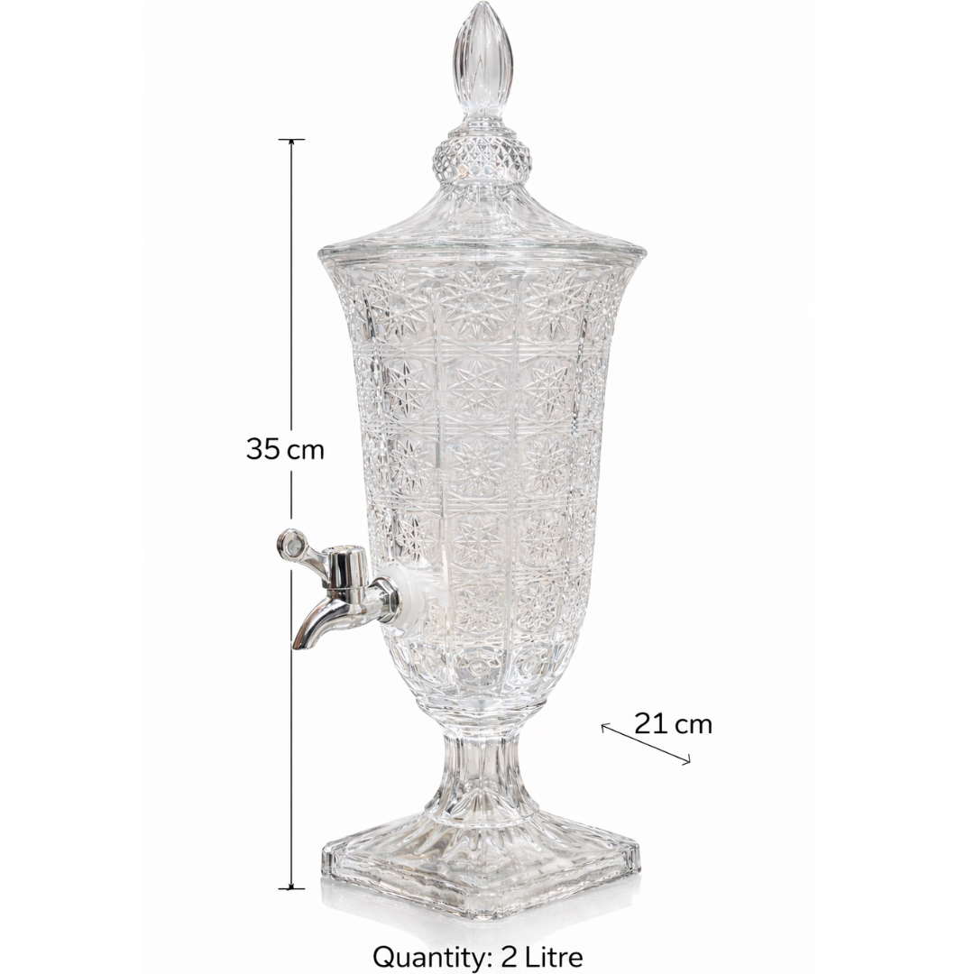 Crystal Cut Glass Beverage Dispenser with Pedestal Stand & Strong Tap | 2 Litre