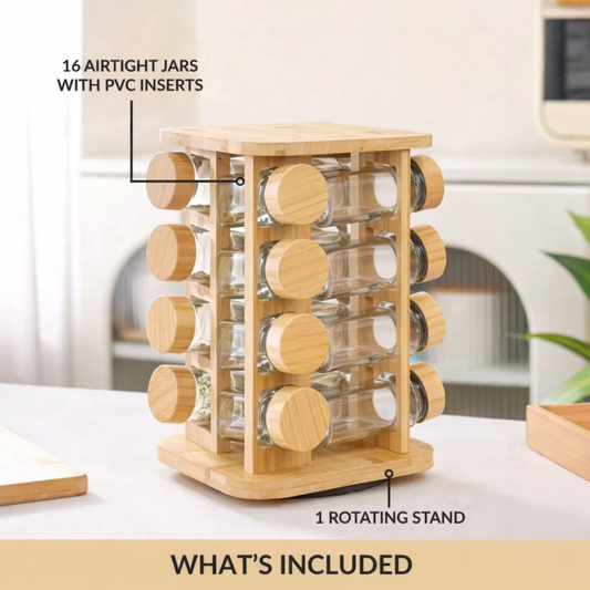 Crockwitty 360° Rotating Bamboo Spice Rack with 16 Airtight Glass Jars — Counter-Top Masala Organiser | Natural Bamboo Wood Lid & Stand | Lead-Free | 120ml Each