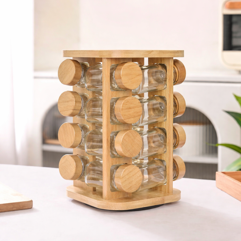Crockwitty 360° Rotating Bamboo Spice Rack with 16 Airtight Glass Jars — best kitchen organiser India