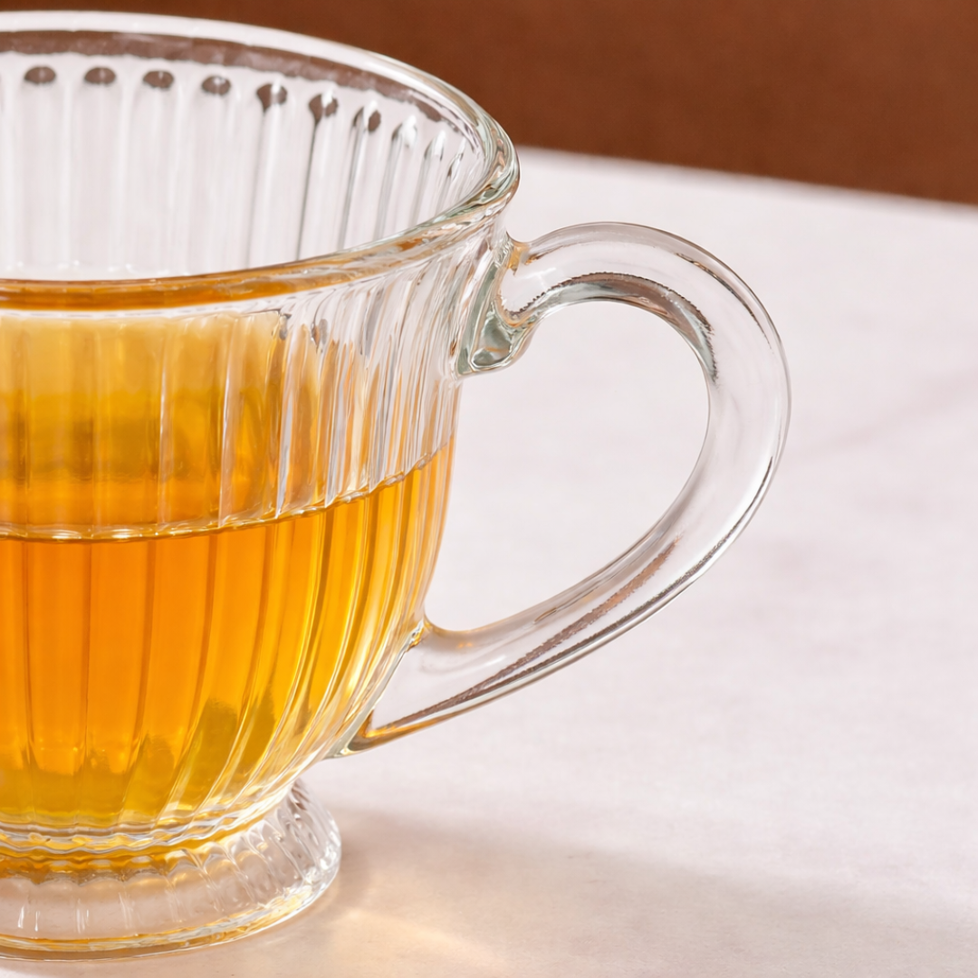 Ribbed Glass Tea Cups Set of 6 | 200ml Clear Lead-Free Glass Mugs with Handle | Footed Design | Microwave & Dishwasher Safe | Elegant Vintage Teacup for Home, Kitchen & Gifting